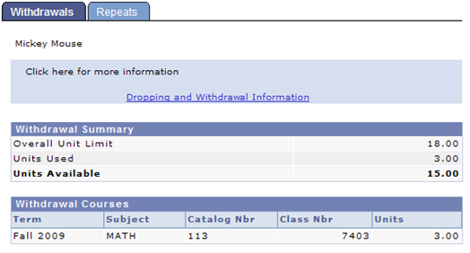 Screen shot of the Withdrawals page in the Student Center