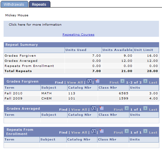 withdrawsrepeats3.png Screen shot of the Repeats page in the Student Center