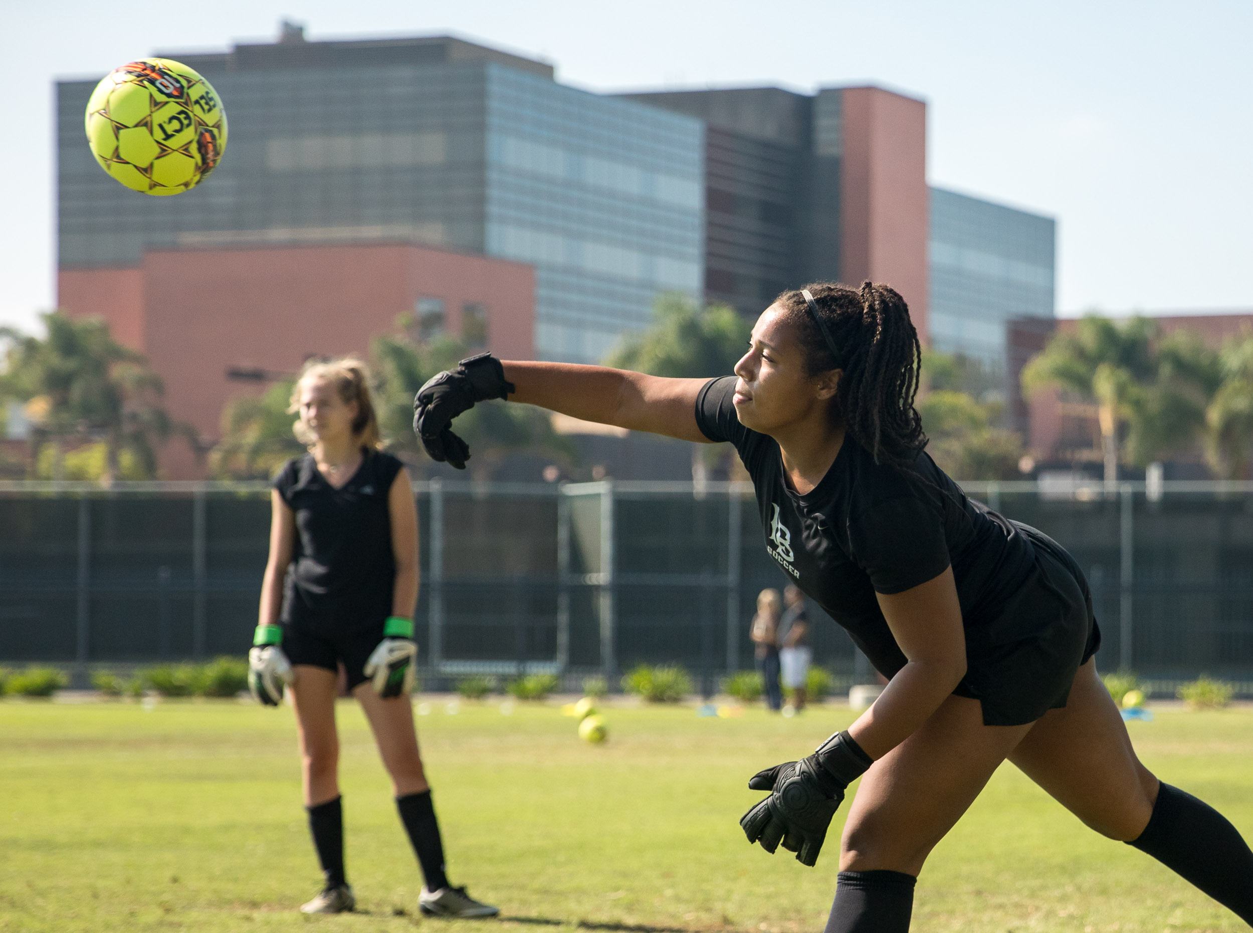 Soccer players practice