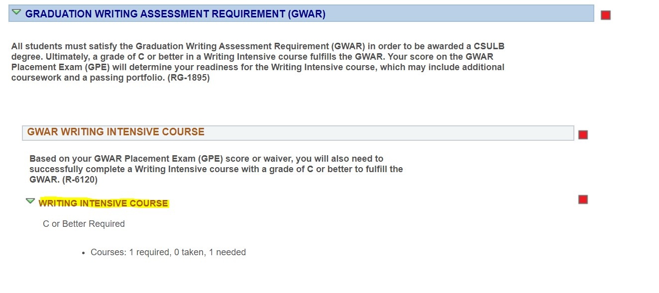 Image of GWAR section on ARR with writing intensive course r