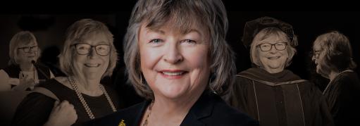 Jane Close Conoley smiles in the center of an image, surrounded by faded black-and-white images of her speaking at a podium, smiling, and wearing academic regalia.