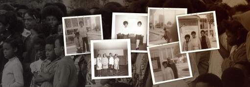 Vintage photographs showing members of the Black Student Union superimposed over a gathering of Black people