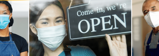 Small Businesses Open signs with  Owners faces in Masks