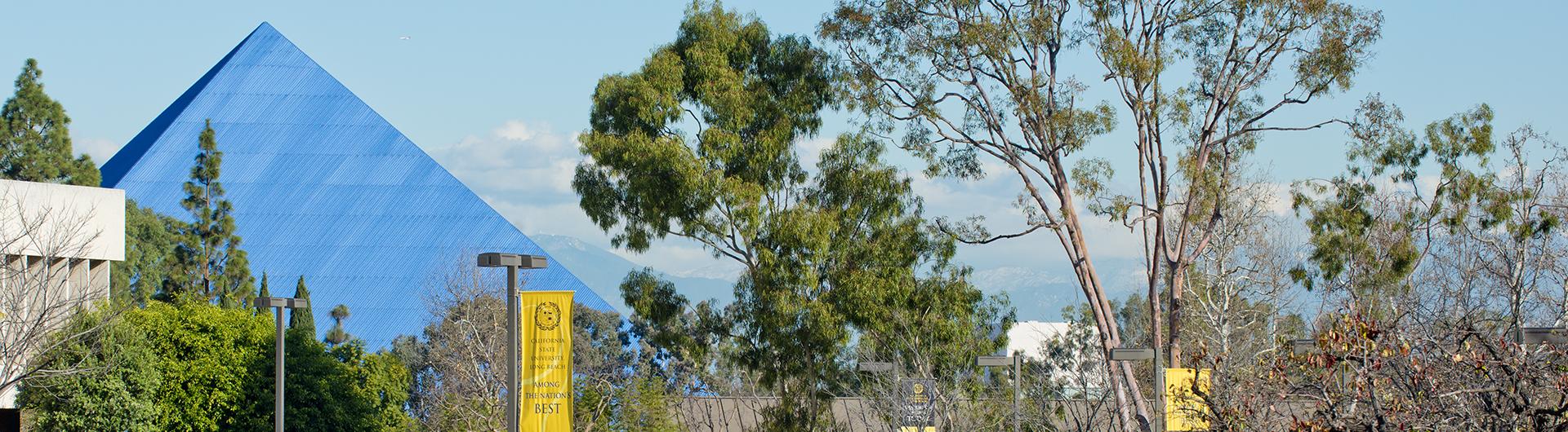 CSULB campus near Brotman Hall with the Walter Pyramid in the background. 