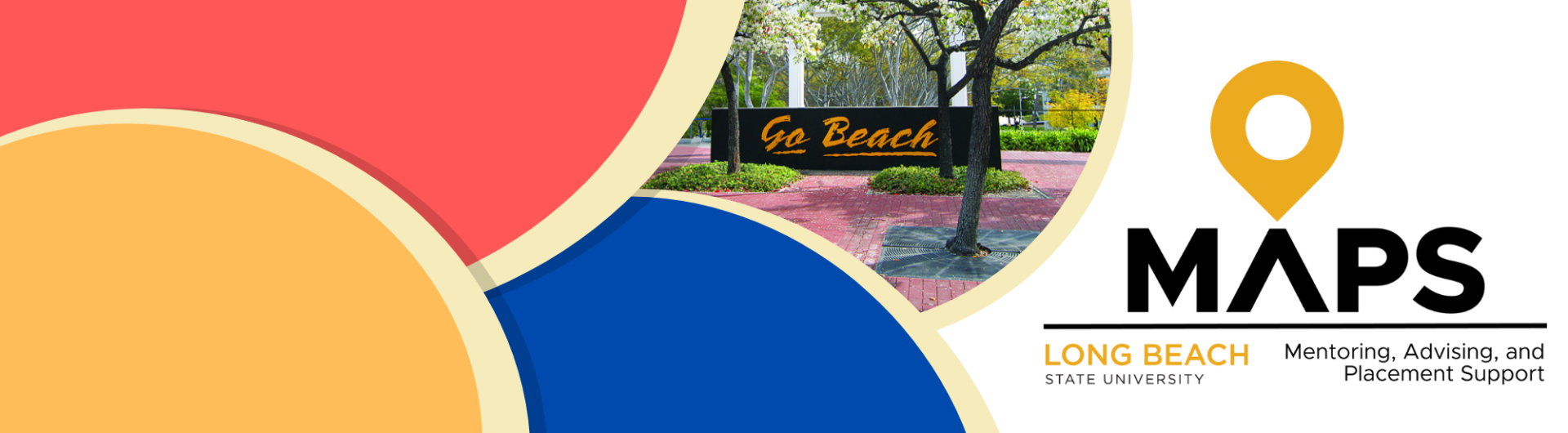 Red, yellow, blue circles, with Go Beach photo image and MAPS logo