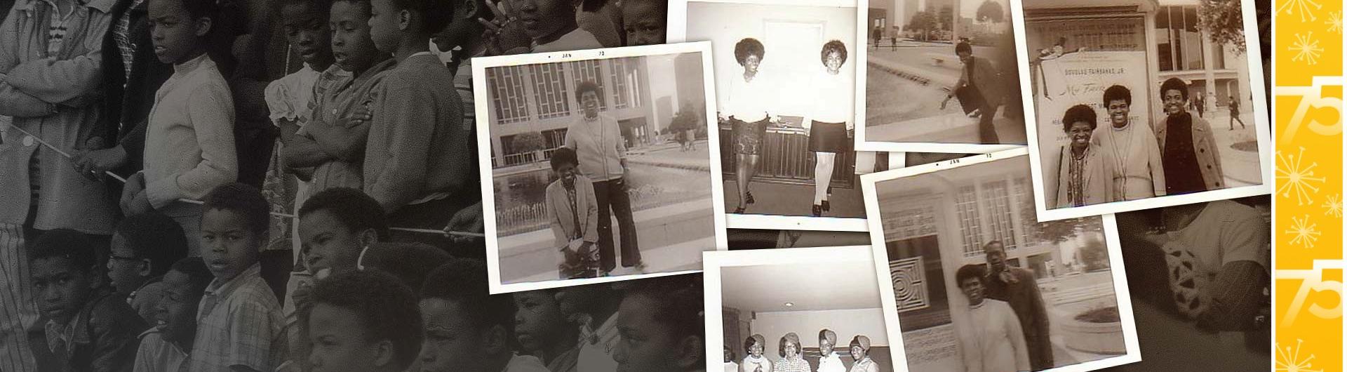 A collection of vintage photographs of Black Student Union members, superimposed over a gathering of Black people