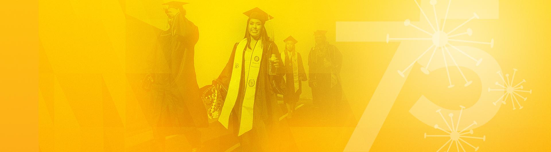 Graduates with a gold overlay and the number "75" to the right of the image