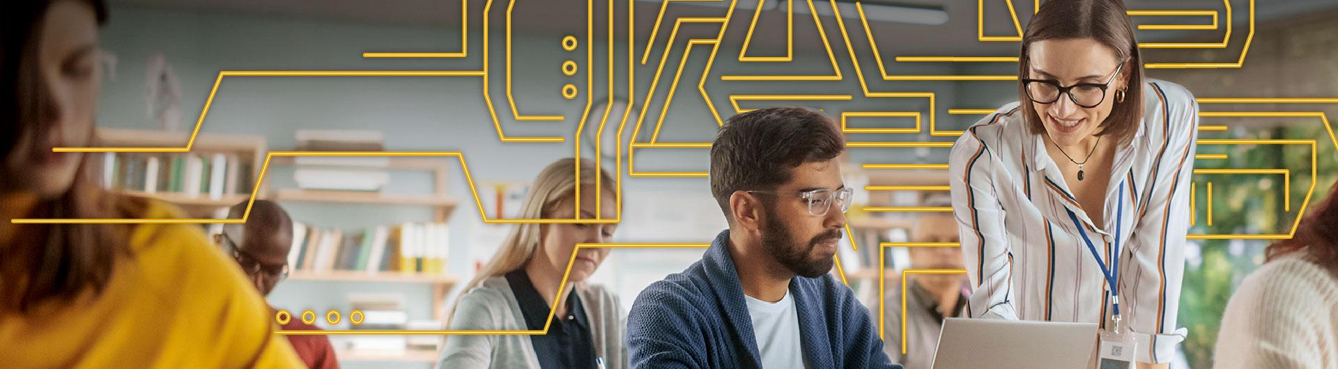 Woman instructor teaching students with yellow computer lines in background
