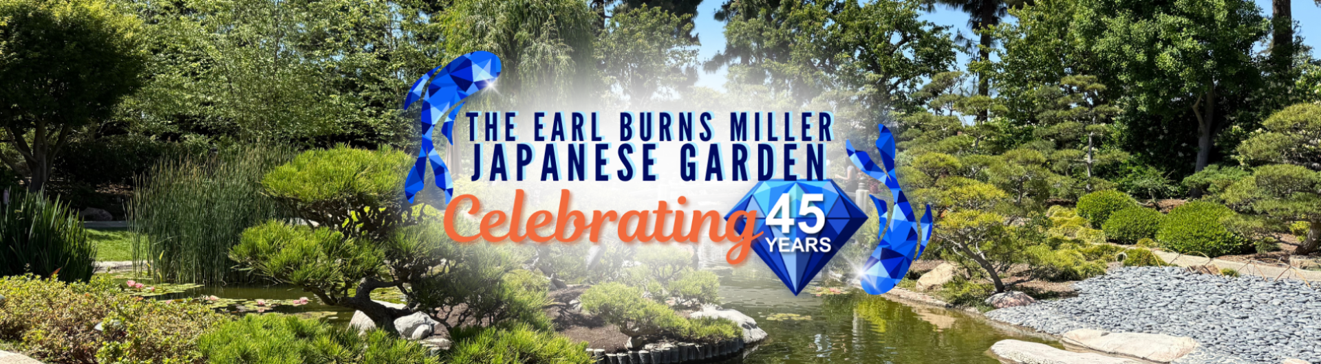 Photo of the EBM Japanese Garden with text over it saying "The Earl Burns Miller Japanese Garden Celebrating 45 years"
