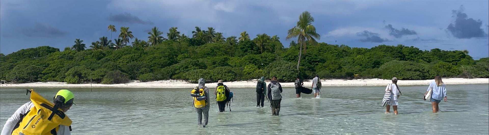 researchers walking equipment to shore