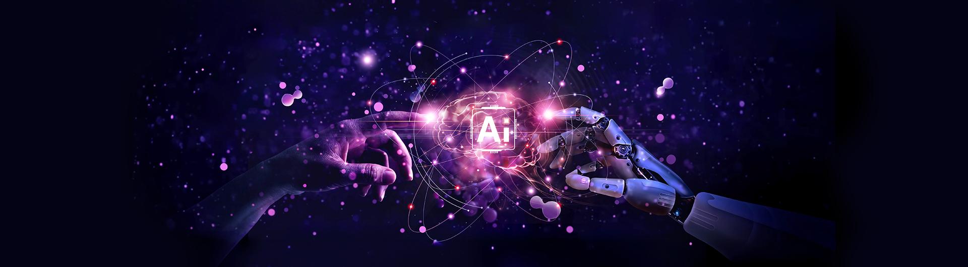 human and ai robot hand touching in center