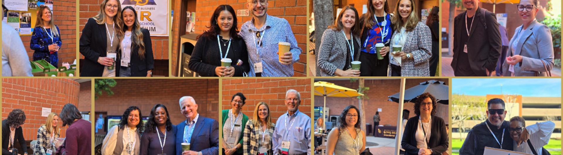  Ten total photos of attendees at the HR Symposium event, between one and three people per picture, mostly smiling at the camera.