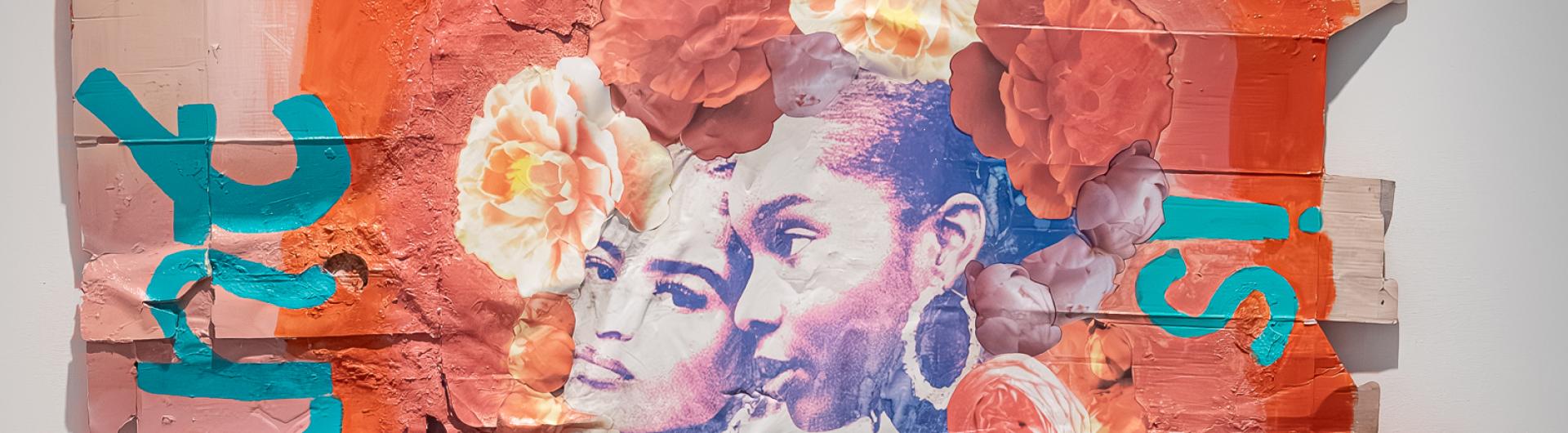 Close up photo of an artwork by artist Jillian Thompson hung on gallery walls