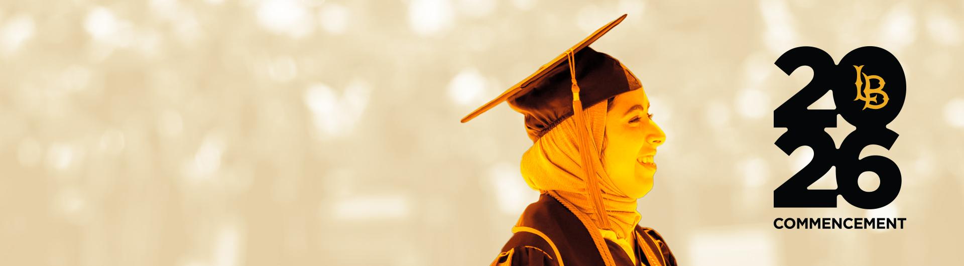 A graduate wearing regalia next to the logo for "LB 2026 Commencement"