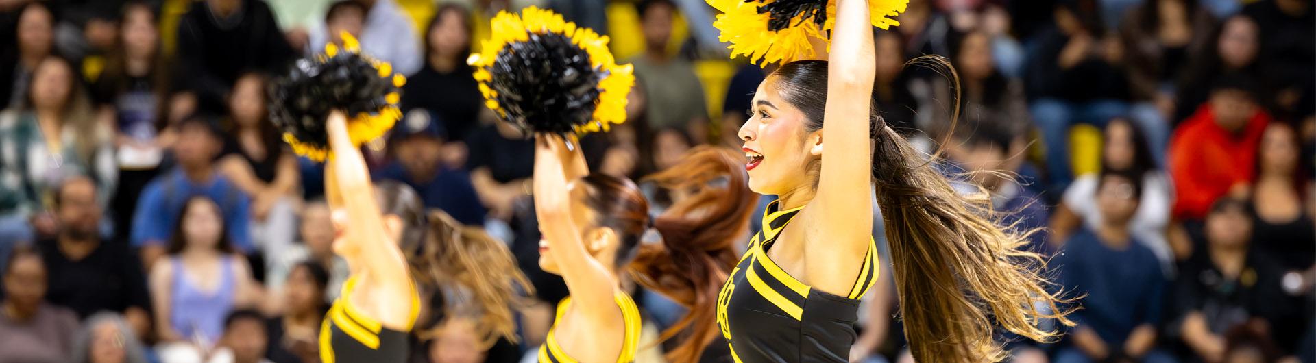 A group of people raise pom-poms in front of an audience at an indoor arena.