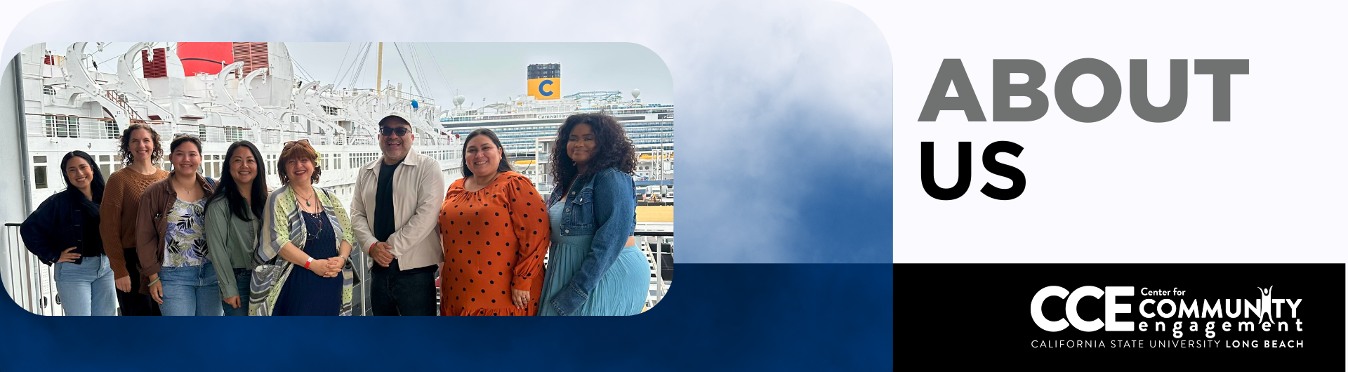 Group of 8 staff members of the CCE standing in front of the queen mary