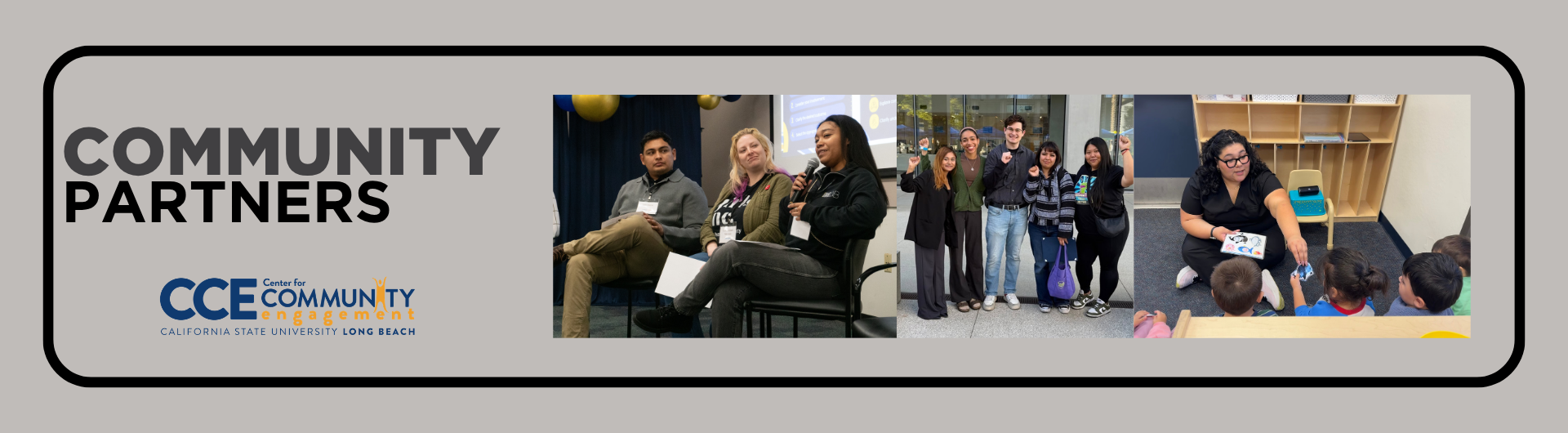 three images of community members at meetings, reading to students, and posing for a picture smiling