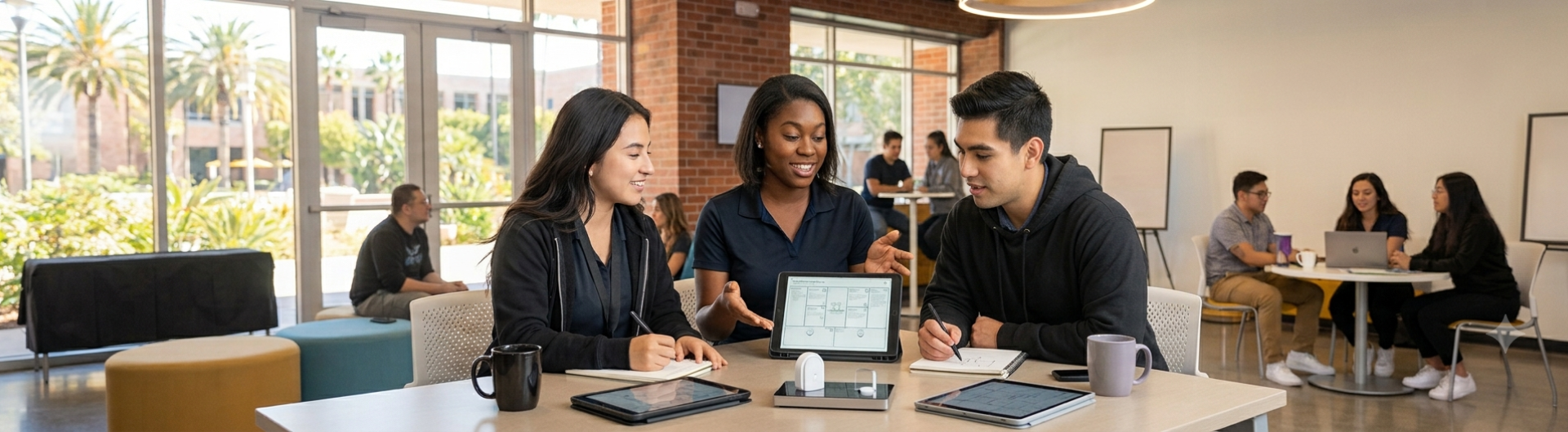 group of people talking in front of a tablet and groups of students behind them sitting talking