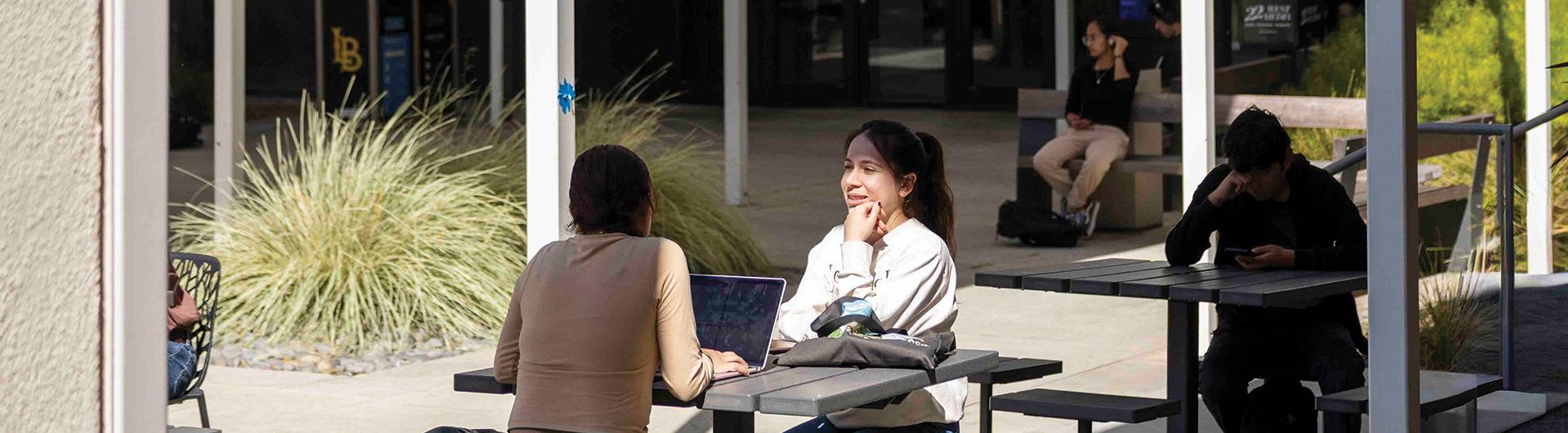 Students sitting and talking, working on a computer