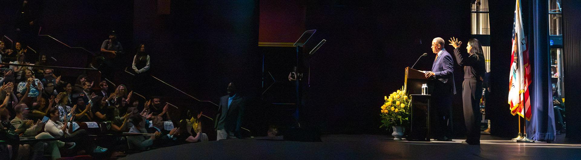 President Loren J. Blanchard speaks on the Carpenter Center stage