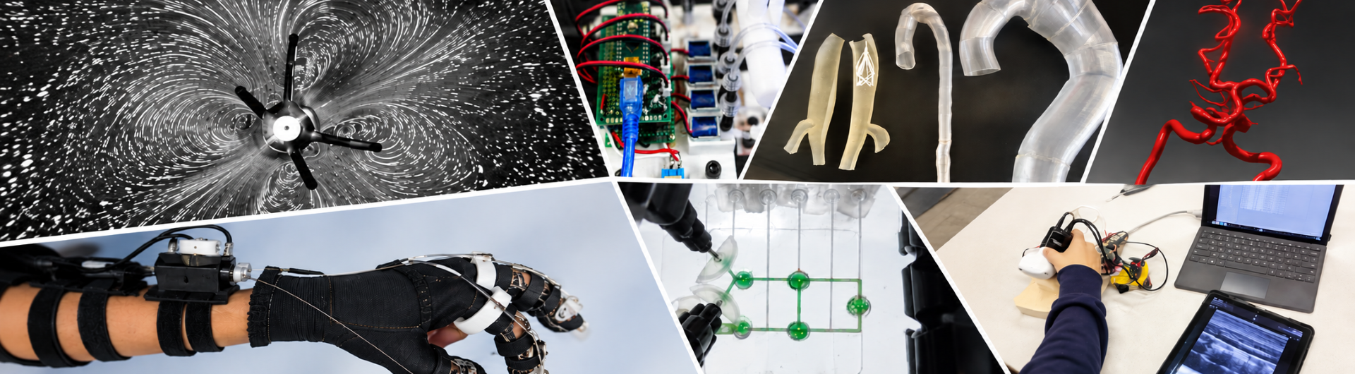 Biomedical engineering research mosaic featuring laboratory equipment, vascular models, wearable robotics, and medical imaging