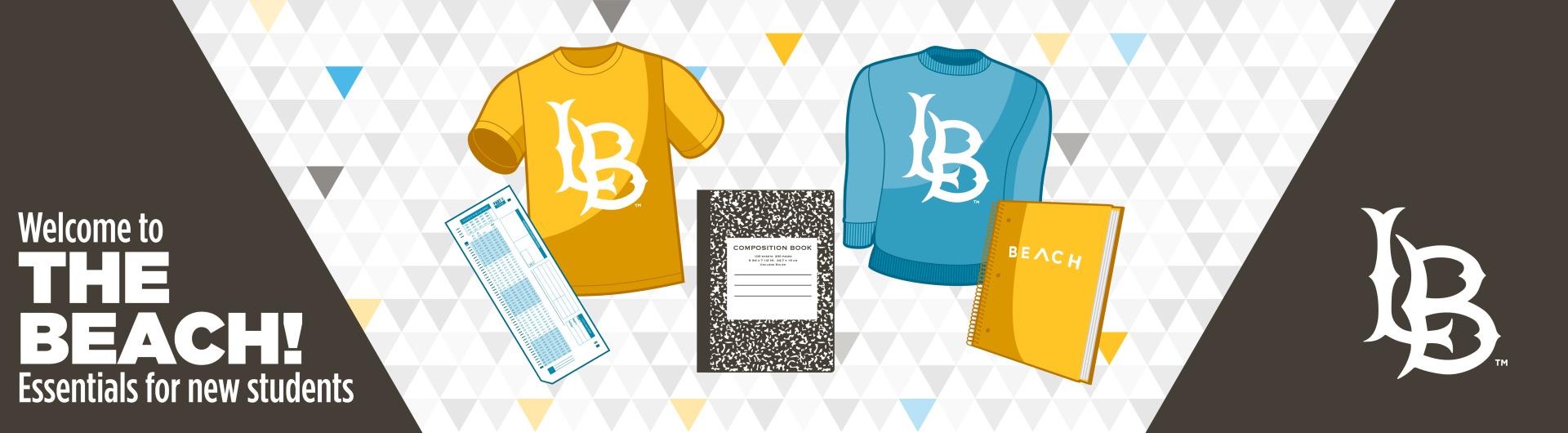 Animated long beach shirts, sweaters amd notebooks with an LB logo.