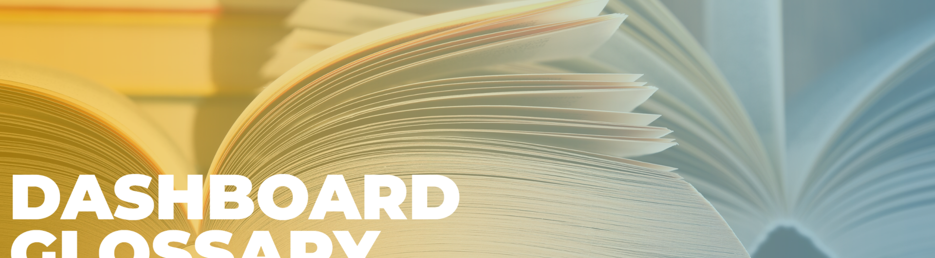 Side view of open books with yellow to blue gradiant and the words dashboard glossary in the lower left corner