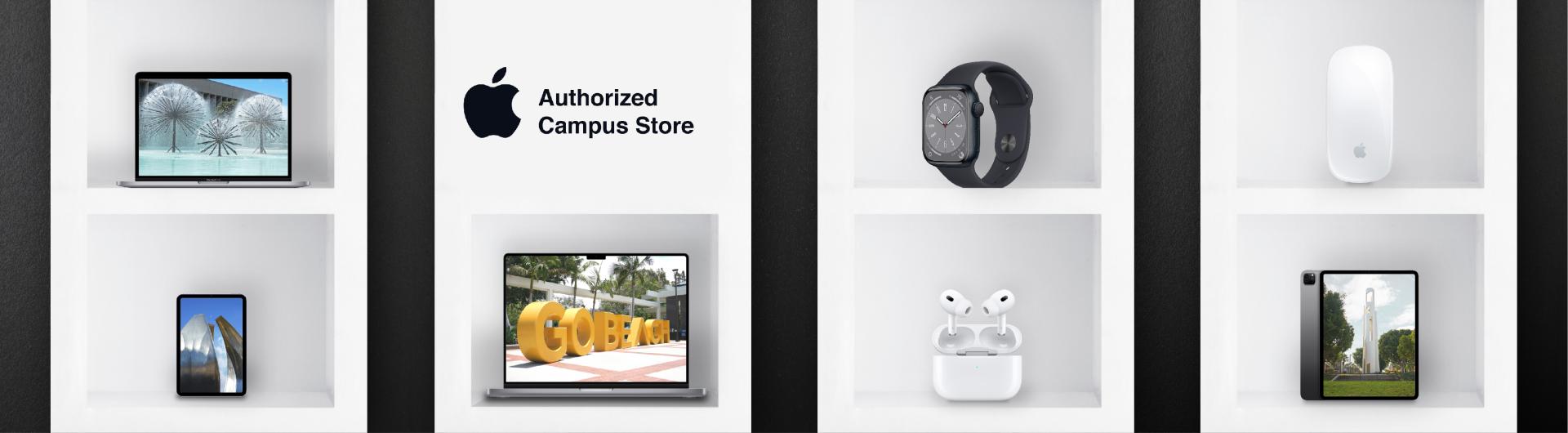 Apple devices on a white background and csulb authorized dealer logo. 