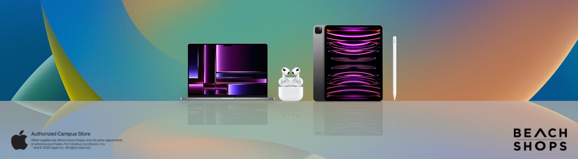 A Macbook Pro, pair of Applepods, Ipad, and an Apple Pencil on a colorful background. 