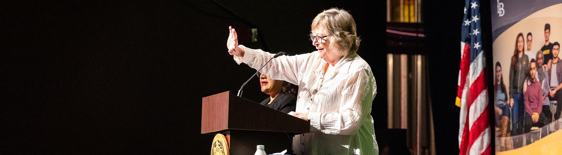 President Jane Close Conoley speaks at Convocation 2023