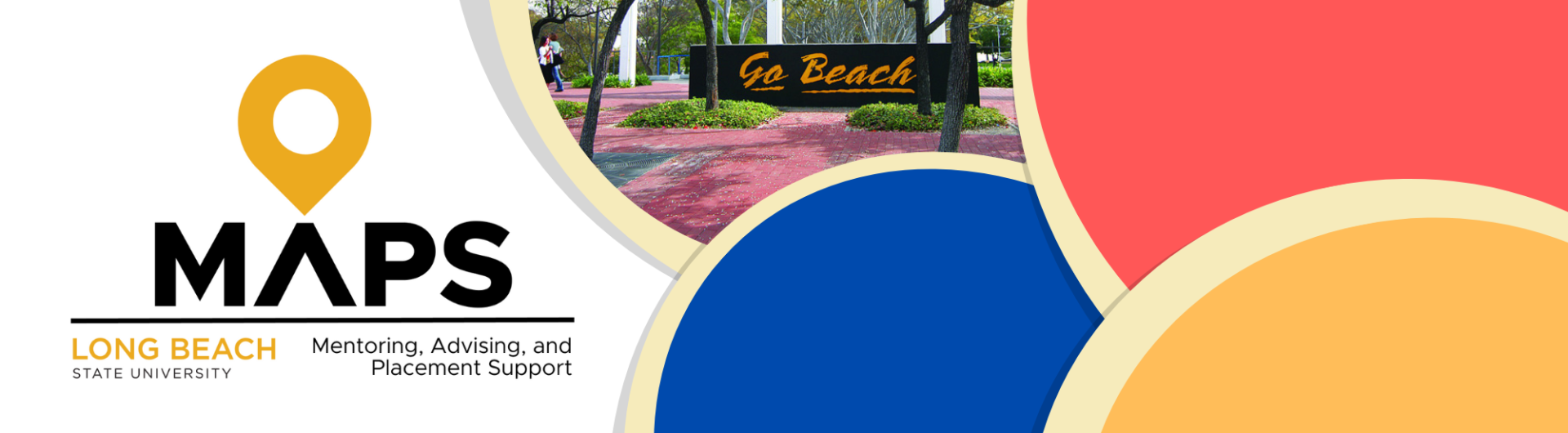 Red, yellow, blue circles, with Go Beach photo image and MAPS logo
