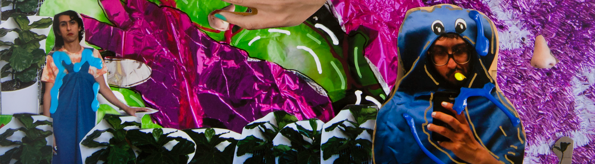 Pau S. Pescador The Emancipation of PP detail image shows photographic collage featuring selfies aplants and other vibrant elements