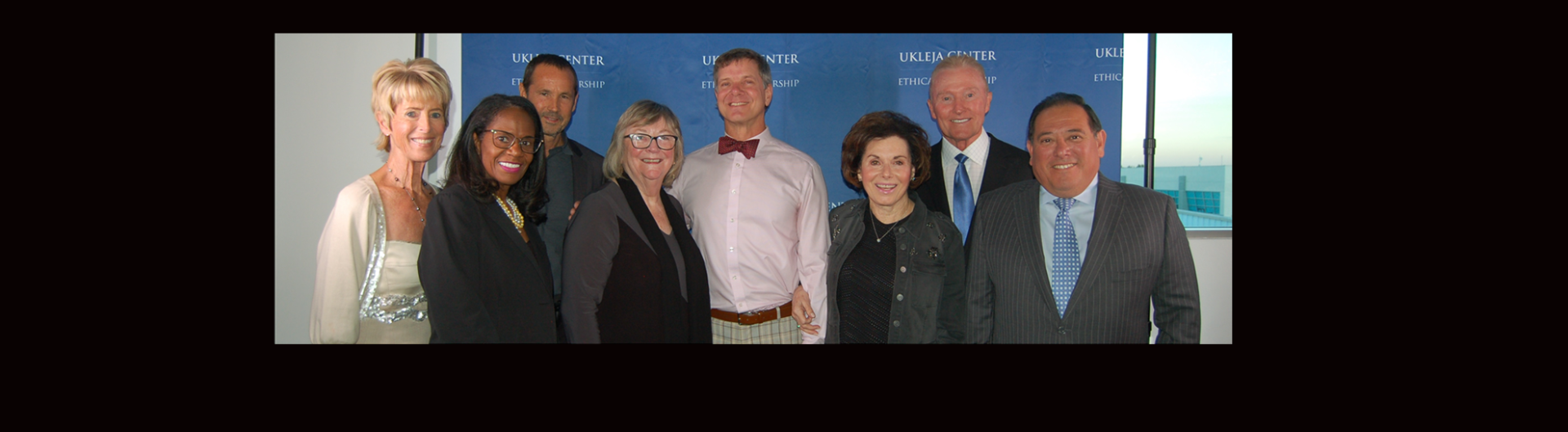 Karyn Scissum Gunn, Mark Guillen, Greg Wooden, Justin Rudd, Janey Roeder, Louise Shakarian Ukleja, Mick Ukleja and Jane Close Conoley at presentation of the 2023 Nell and John Wooden Ethics in Leadership Award