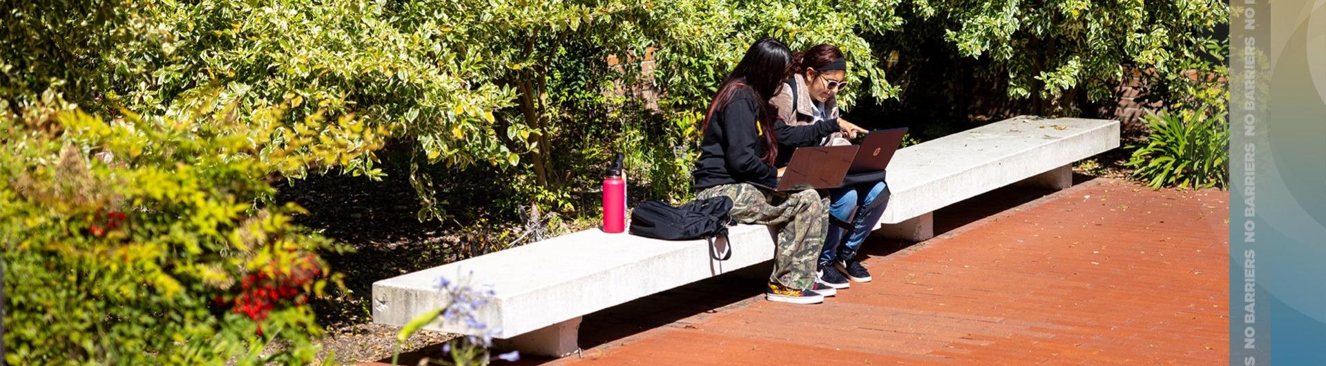 A peer mentor and a student mentee study while seated on a bench.