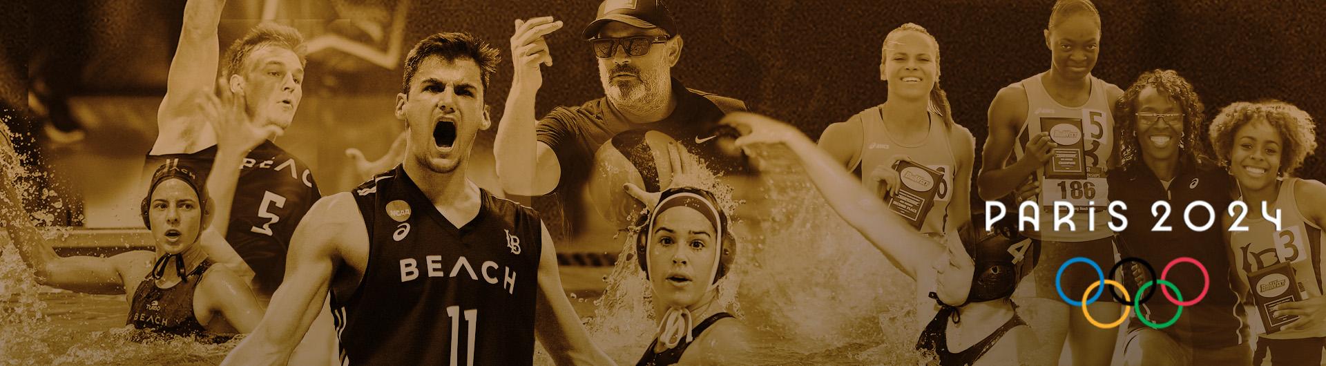 A composite image showing Long Beach State athletes and coaches set to compete in the 2024 Summer Olympics. The phrase "Paris 2024" and the Olympic logo appear in the lower right corner.