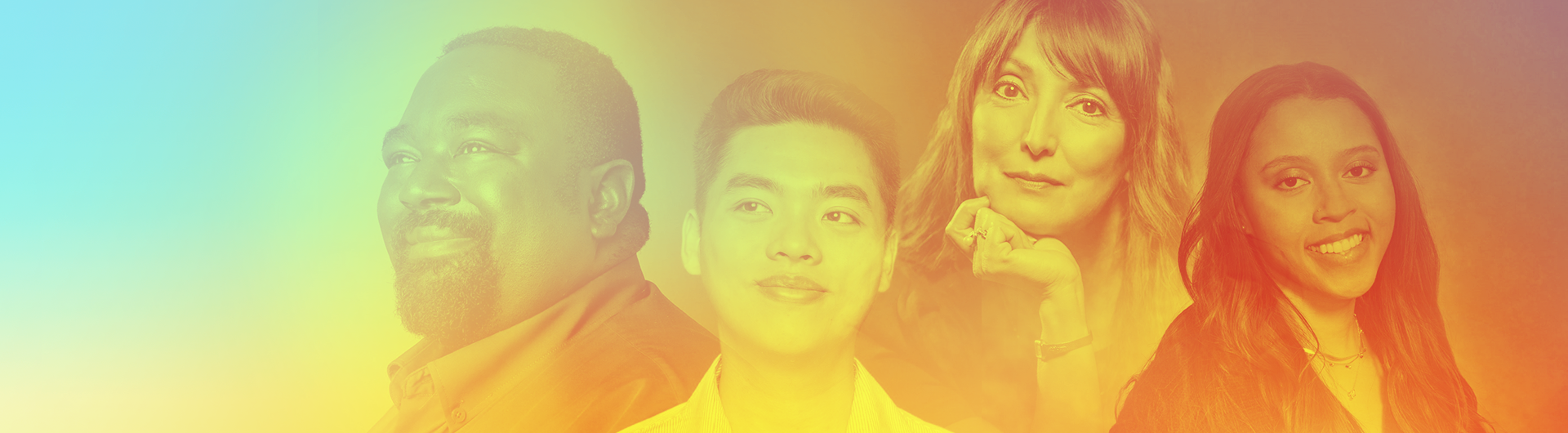 A horizontally-oriented image with a multi-colored overlay showing four CSULB alumni who earned master's degrees