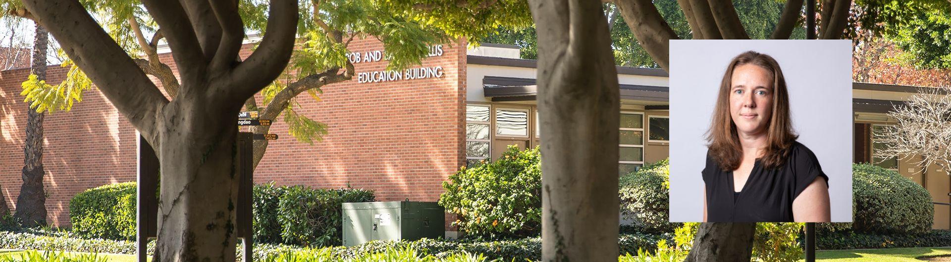 College of Education building and inset of Kelli Sanderson headshot