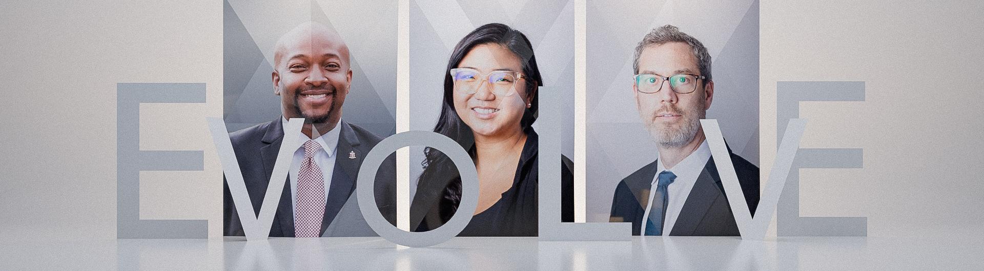 Portraits of three CSULB change leaders with the word "Evolve"