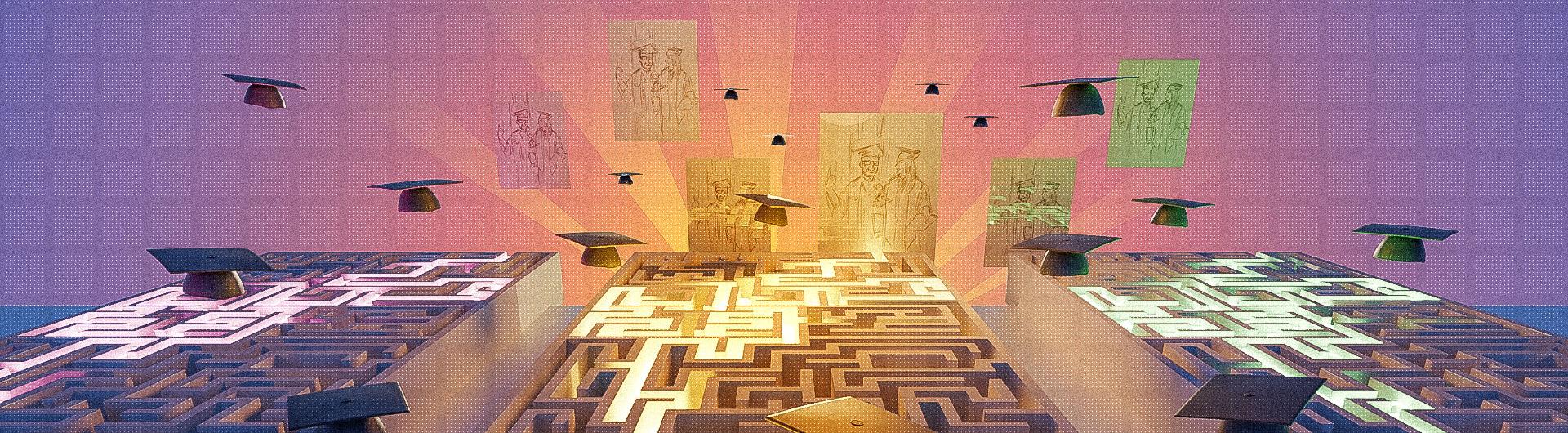 An illustration with drawings of graduates appearing with images of graduation caps and mazes