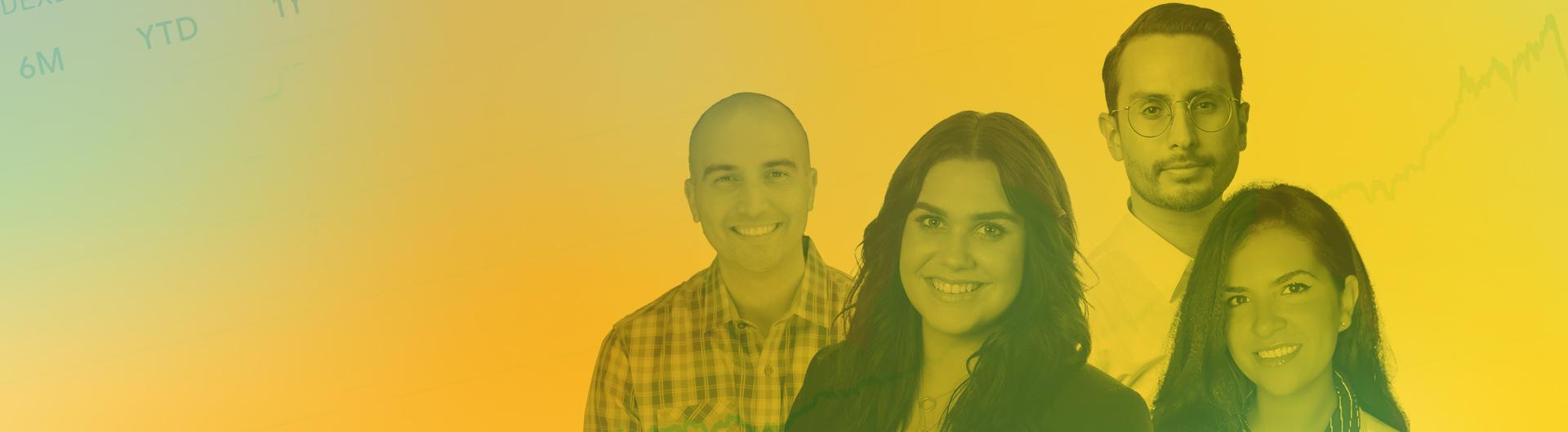 A composite showing four alumni from the BIG program with a green-yellow overlay