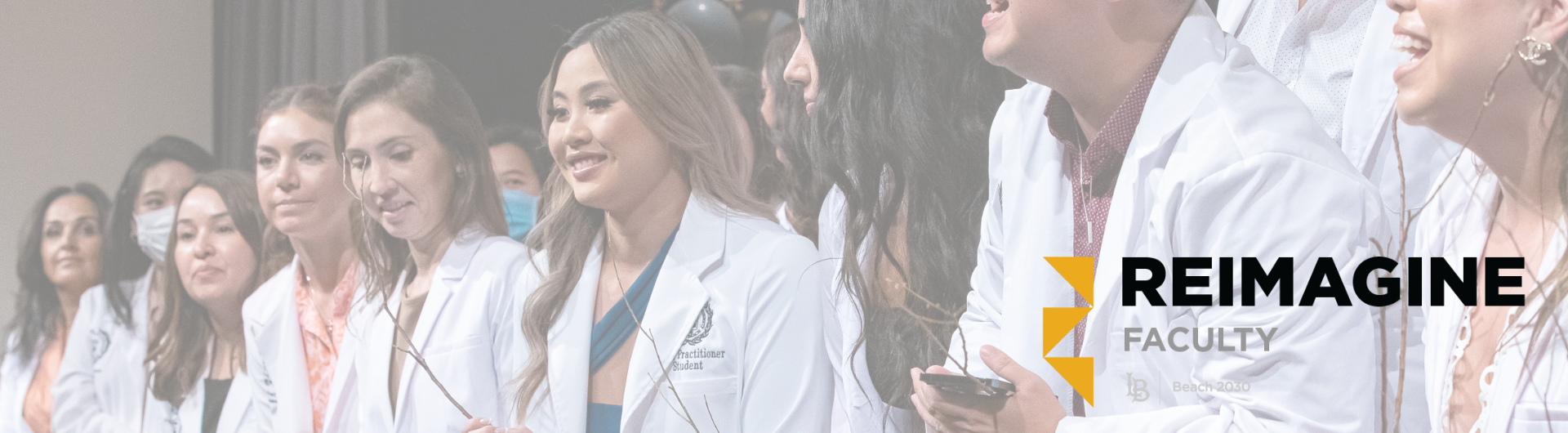 Medical students in white coats stand on stage. A logo on the image reads "Reimagine Faculty."