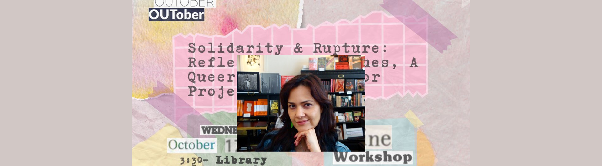 portrait in front of collage
