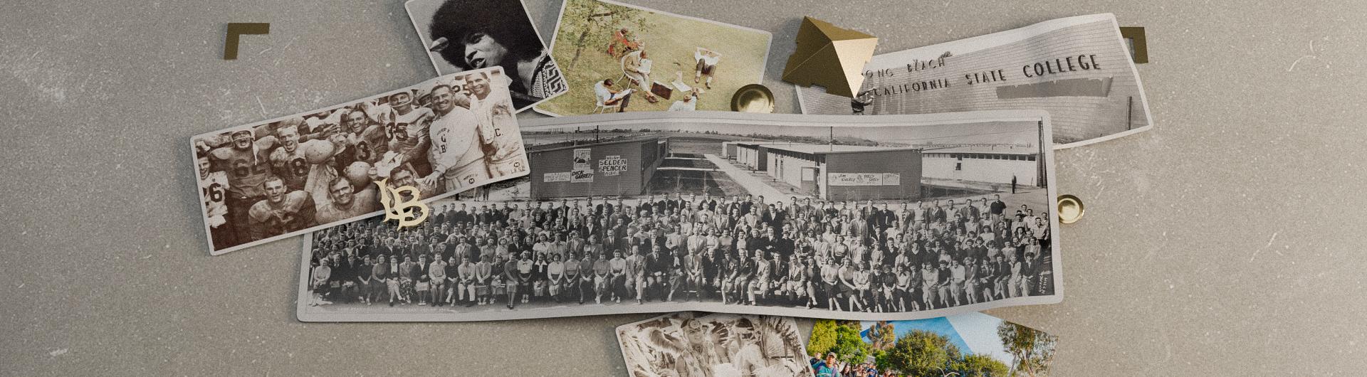 A collage of vintage photos and memorabilia, including a football team, a large group portrait, a student gathering, and a sign reading "California State College."
