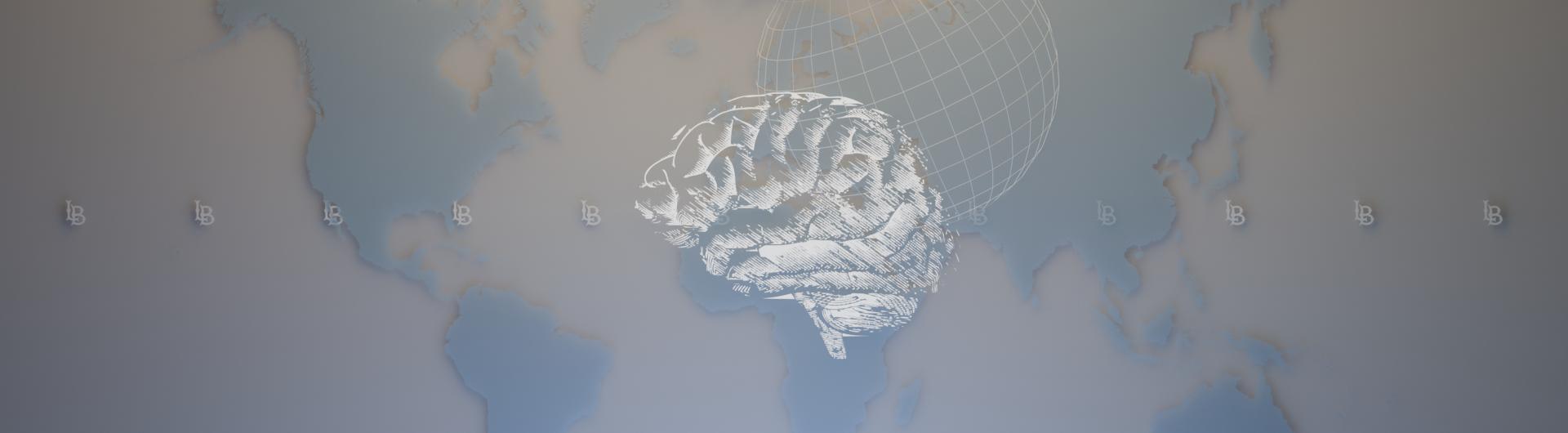 Illustration of a brain and world map to recognize mental health. 