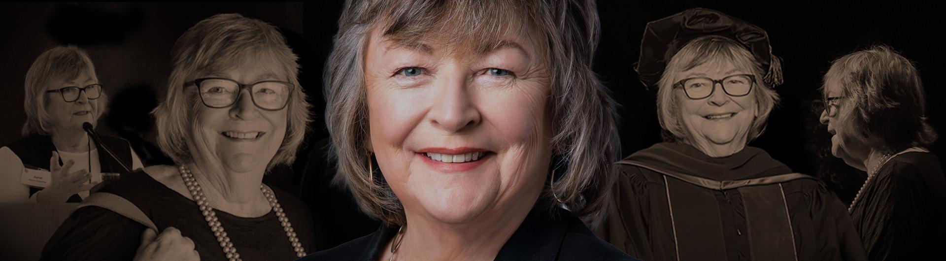 Jane Close Conoley smiles in the center of an image, surrounded by faded black-and-white images of her speaking at a podium, smiling, and wearing academic regalia.