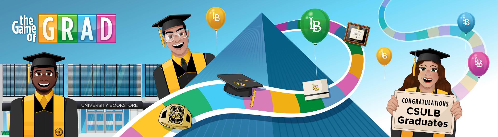 Banner displaying imagery of the game of grad with three characters in cap and gowns looking excited to graduate. 