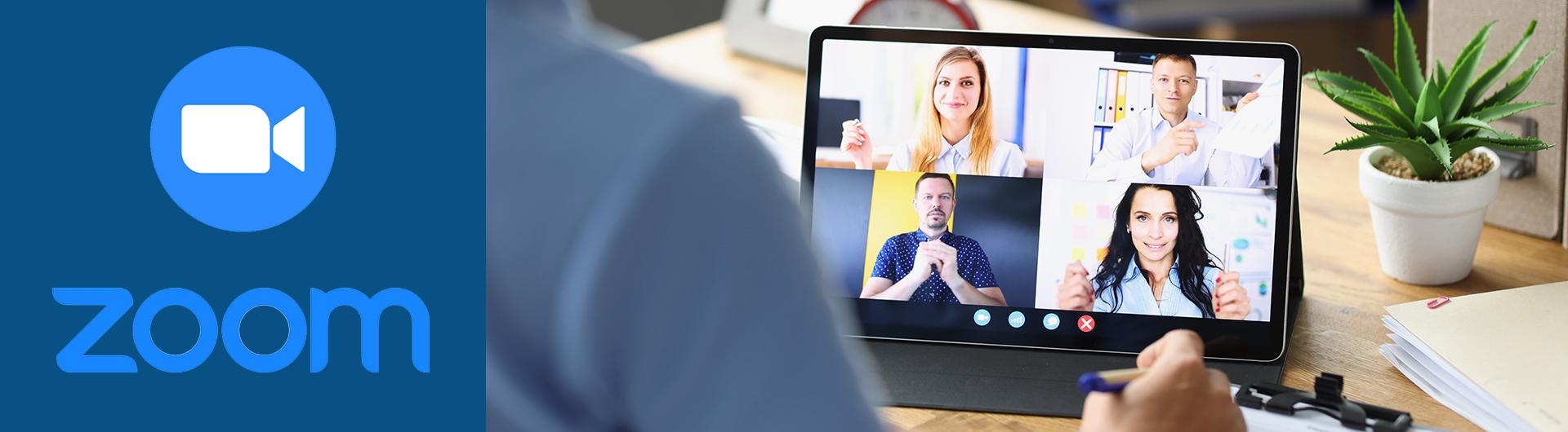 zoom logo with person on computer in meeting