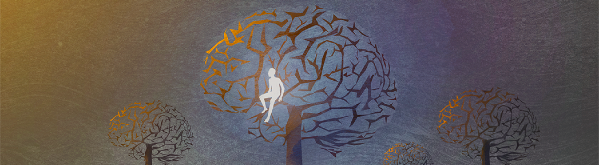 Art of a man sitting in a brain-shaped tree