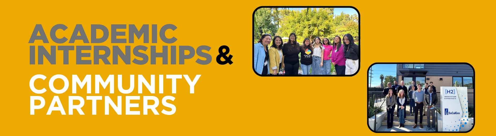 Two photos, a group of women posing and smiling for the camera. A group of representatives from so cal gas in front of their innovation station