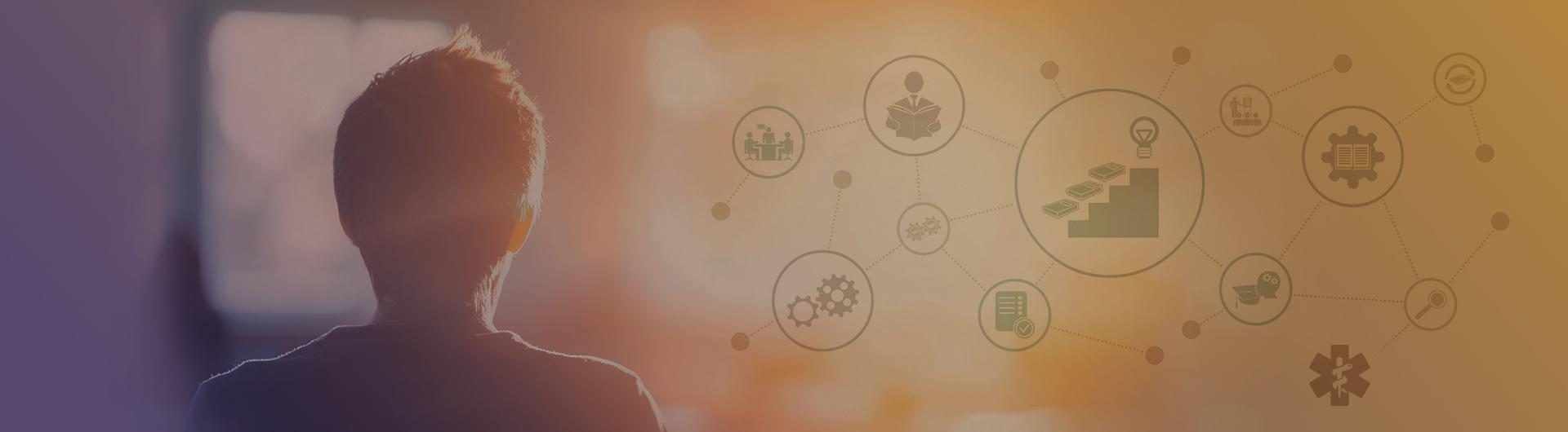 The back of a person's head to the left of several graphics symbolizing different professions
